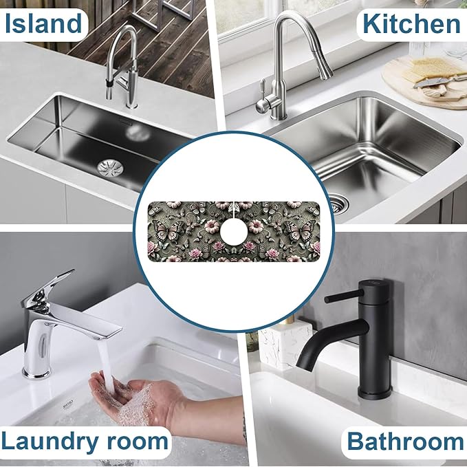 Cute Butterfly Sink Splash Guard Pink Flower Faucet Absorbing Mat Fast Drying Mat Sink Gadgets Splash Guard Behind Faucet Drip Catcher for Kitchen Bathroom, 15.5"x5.5"