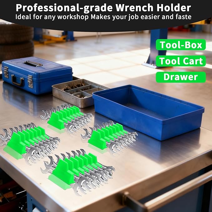 80 Pcs Modular Wrench Organizer Holder Set with Metric & SAE Labels, Wrench Rack for Toolbox Drawer Storage, Includes 9-Grid Clear Parts Box (Green)
