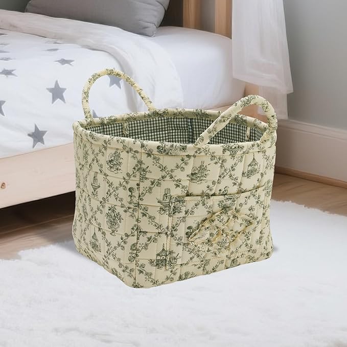 Quilted Fabric Storage Basket with Handles & Pocket, Foldable Laundry Hamper Boho Floral Print Organizer Bin for Home, Picnic, Office 12"x10"x10" (B-2)
