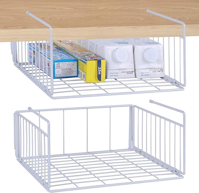 SUFAUY 2-Pack Under Shelf Basket Storage, Under Cabinet Hanging Organizer Holds up to 22lbs, Add Shelves for Storage for Pantry Closet, 11.3“d x 12.3" w, White