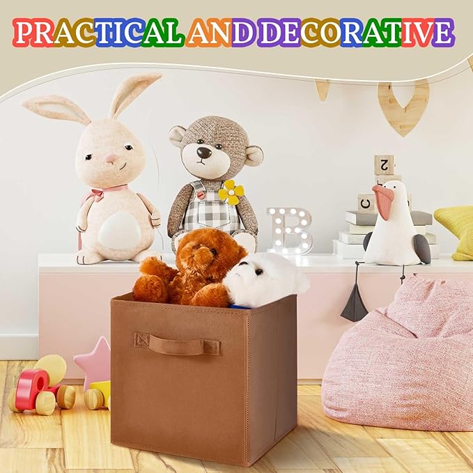 Yinder 4 Pcs Cube Storage Bin Brown 11'' Storage Bins for Playroom Decor Colorful Bins for Kids Foldable Baskets for Nursery Organizer Boxes Fabric Boxes
