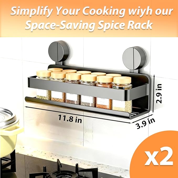 Spice Rack wall mounted 2 Pack,Suction Cups Spice Organizer for Cabinet,Large Capacity Metal Spice Shelf for Kitchen Cabinet, Pantry Doors, Bathroom, Shower, Home Decor (11.8 inch)