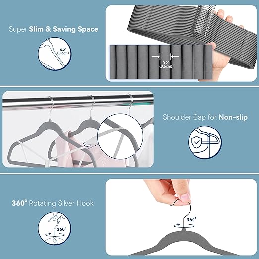Premium Velvet Hangers 60 Pack, Non Slip Clothes Felt Hanger Heavy Duty for Coat, Premium Slim Space Saving Suit Hangers for Closet Organizer, 360° Rotating Silver Hook