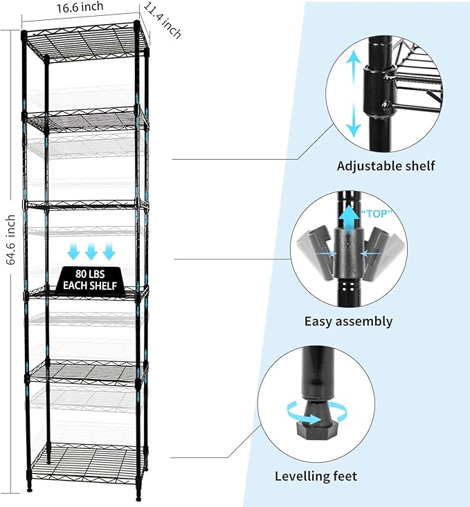 6-Tier Wire Shelving Adjustable Shelves Unit Metal Storage Rack for Laundry Bathroom Kitchen Pantry Closet Organization (Black, 16.6" L x 11.4" W x 64.6" H)