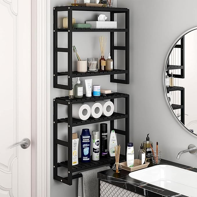 Over The Toilet Storage Bathroom Shelves Wall Mounted 3 Tier Space Saver Corner Shelf Organizer Bamboo Towel Rack Toilet Paper Cabinet with Hanging Rod Black Sets