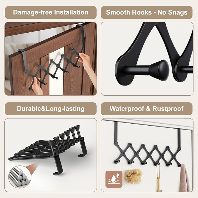 SCUNDA Expands Over The Door Hook Rack, Heavy Duty No Drill Hooks for Bathroom, Bedroom, Kitchen, Closet - Over The Door Hanger for Towels, Robes, Bags, Coats(Black)