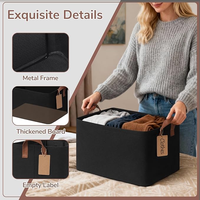 CHICVITA 4 Pack Large Storage Baskets for Shelves, Collapsible Shelf Baskets for Organizing, Fabric Closet Organizers and Storage Bins with Metal Frame, 16.8" x 11" x 9.8", Black