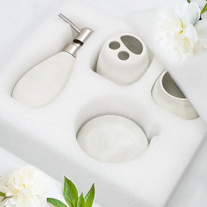 CERBIOR Bathroom Accessories Set,4 Pcs Ceramic Bathroom Decor Accessory,Includes Toothbrush Holder, Toothbrush Cup, Soap Dish for Decorative Countertop and Housewarming Gift(White 4pcs)
