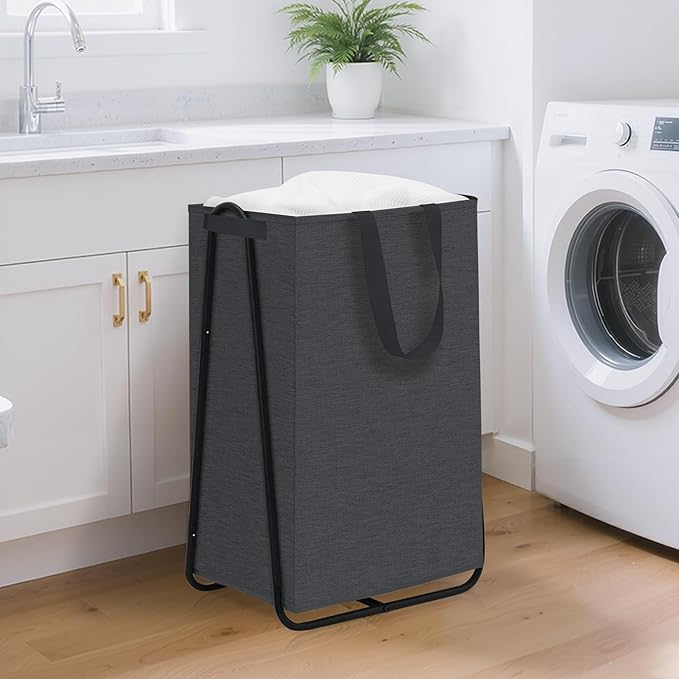STORAGE MANIAC Laundry Hamper with Metal Rack, Large Laundry Basket with Triangle Frame, Collapsible Dirty Clothes Hamper with Handles for Dorm, College, Small Space, Closet, Bedroom, Black