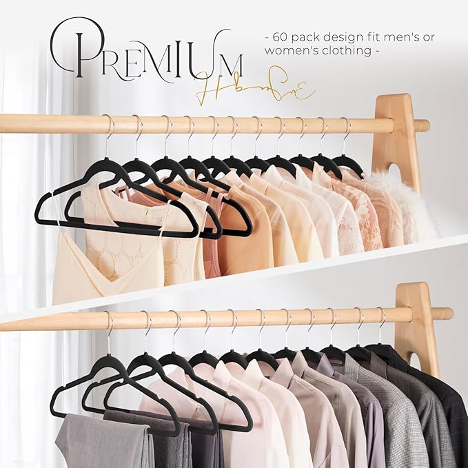 HOUSE DAY Black Velvet Hangers 120 Pack, Premium Clothes Non-Slip Felt Hangers, Sturdy Black Heavy Duty Coat Hanger, Durable Space Saving Suit Hanger, 360° Rotating Silver Hook