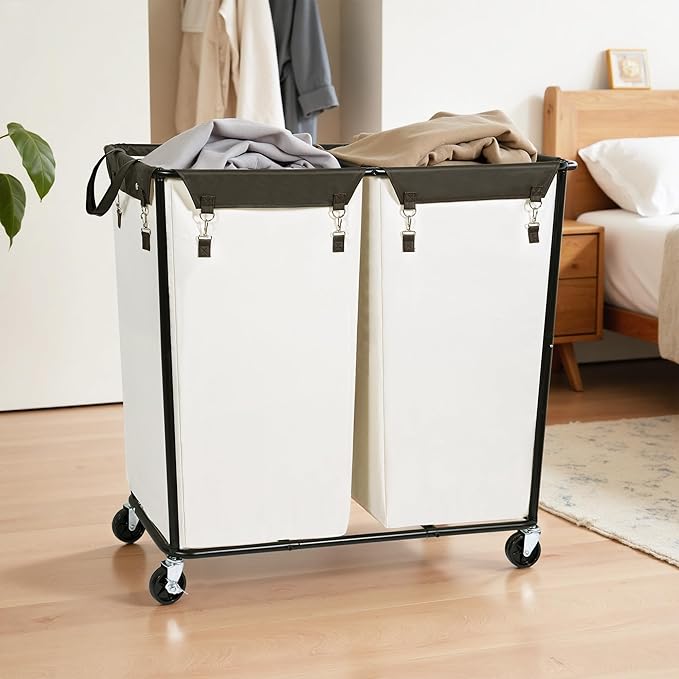 STO STO 280L Rolling Industrial Laundry Hamper with Wheels, 2-Compartment Extra Large Laundry Sorter, Heavy Duty Dirty Clothes Basket Cart with Metal Frame for Home or Commercial Use, Beige