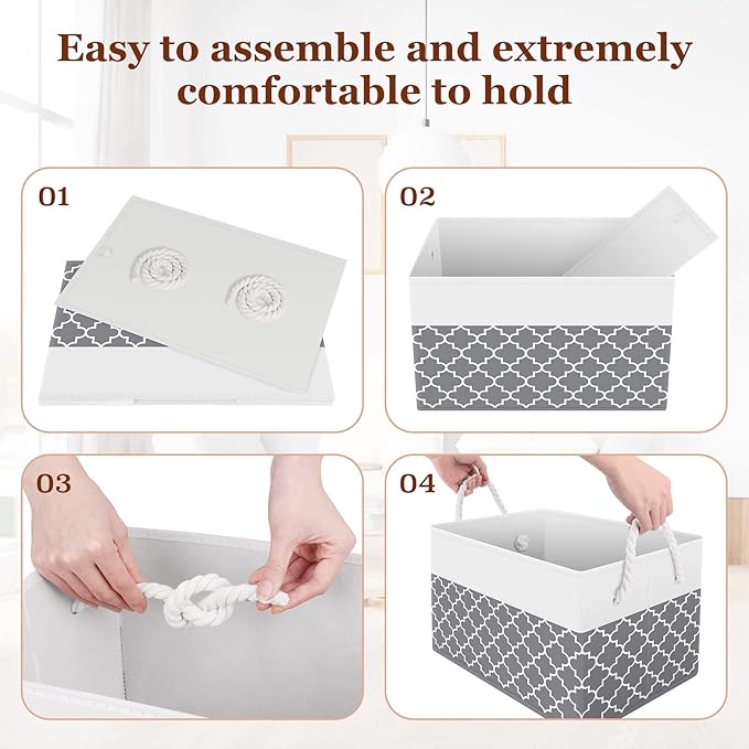 Storage Bin,Collapsible Storage Basket For Organizing,Large Storage Boxes With Rope Handles,Storage Containers,Clover Grey,6 Pack