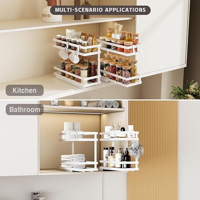 Pull Out Spice Rack Organizer for Cabinet, 2 Pack Metal Seasoning Organizer Slide Out Spice Storage Shelf No Assembly Vertical Spice Rack Pullout for Kitchen & Bahthroom No Drill(2 Tier,White)
