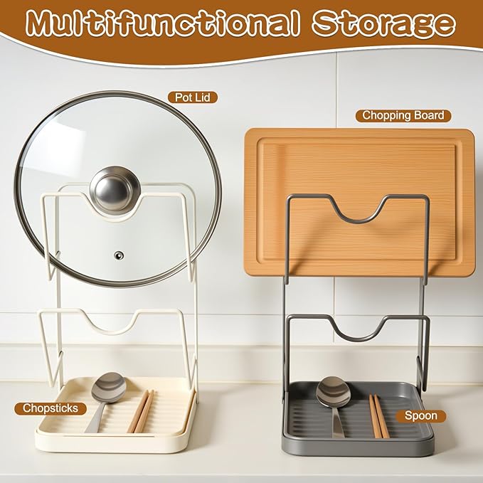 Kitchen Pot Lid Storage Rack, Pot Lid Holder With U-Shaped Vertical Slots, Multifunctional Kitchen Pot Cover Organizer for Countertop, With Removable Drip Tray for Stove Top (White)
