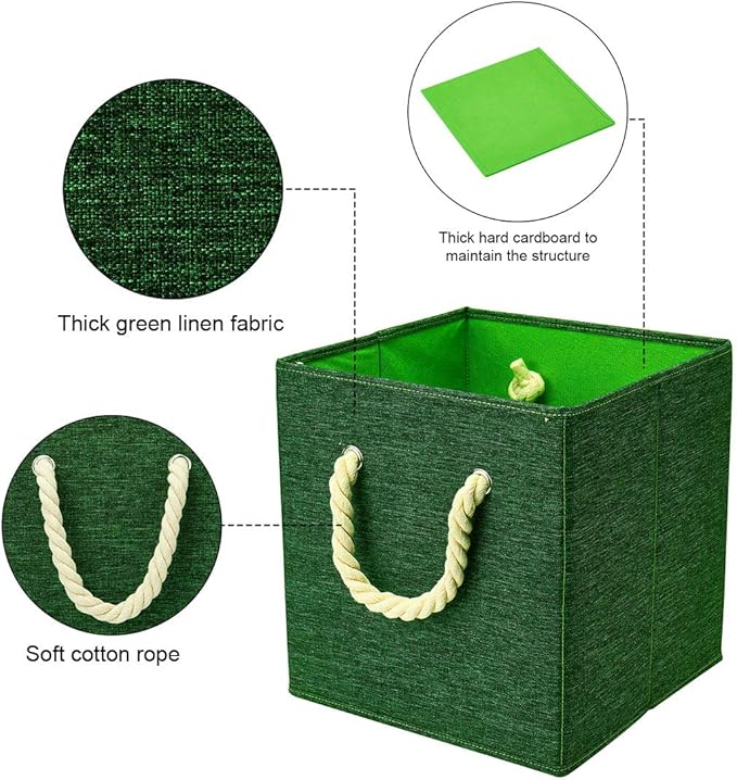 i BKGOO Foldable Storage Cube Bins Green Linen Fabric Collapsible Resistant Basket Box Organizer with Cotton Rope Handle for Home Office and Nursery 10.5x10.5x11 inch