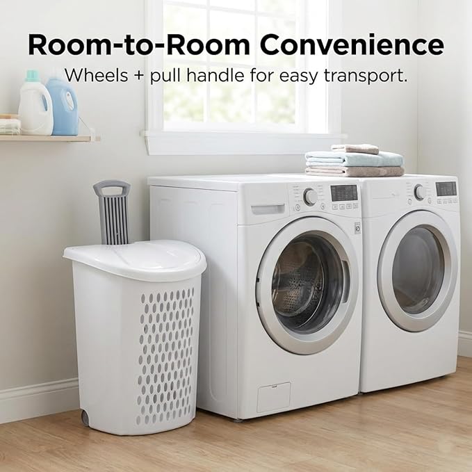 Wheeled Laundry Hamper with Smooth Rolling Wheels, Large Ventilated Plastic Clothes Basket for Easy Transport, Ideal for Laundry Rooms, Dorms, Apartments (White)