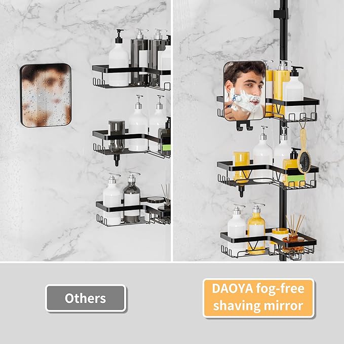 Shower Caddy Tension Pole with Anti-Fog Shaving Mirror, Tension Rod Shower Caddy Corner for Bathroom Organizer, Black