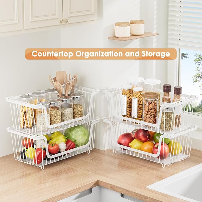 4 Pack Stackable Wire Baskets with Handles for Pantry Organizers and Storage, Fruit and Vegetable wire storage baskets, Potato and Onion Storage Bin, Metal Baskets for Organizing Snacks, Cans (White)