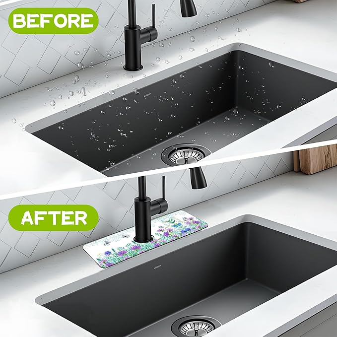 Kitchen Sink Splash Guard Faucet Mat Super Absorbent Fast Drying Mat Guard Behind Faucet Drip Catcher for Kitchen Bathroom (Watercolor Flowers Butterflies, 23.5"X5.5")