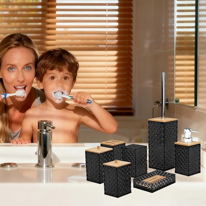 Bathroom Accessory Set,7 Pcs Black Bathroom Set Include Soap Dispenser, Qtip Holder Dispenser, Soap Dish,Toilet Brush,Toothbrush Holder & Mouthwash Cup.Boho Bathroom Set