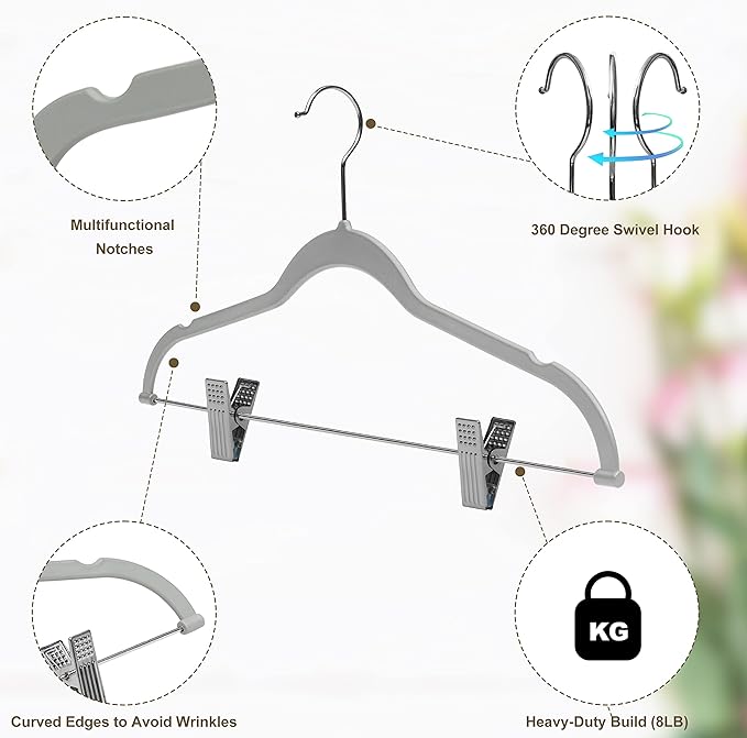 Quality Plastic 20-Pack Non Velvet Non-Flocked Thin Compact Coat Hangers with Metal Clips for Skirts Pants Blouses 360° Swivel Hook (Gray, 20)