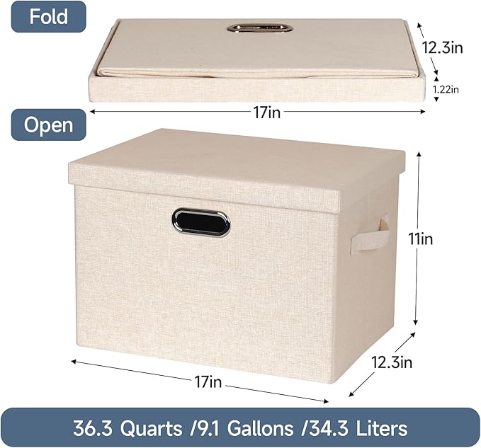 Graciadeco Large 17" 36 Quart Collapsible Stackable Storage Bins with Lids, 3 Packs Light Orange Linen Fabric Closet Boxes with Lids, Storage Cube Baskets Container Organizers for Office (17x12x11)