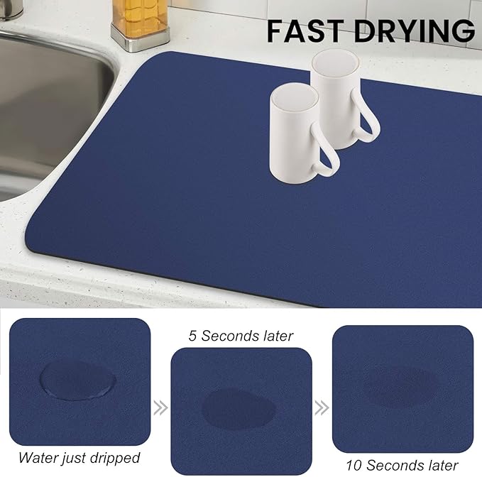 WISELIFE Dish Drying Mat Super Absorbent Drying Mat Large Dish Drying Mats for Kitchen Counter Easy Clean Dish Mat Kitchen Drying Mat18"x 32" Classic Blue