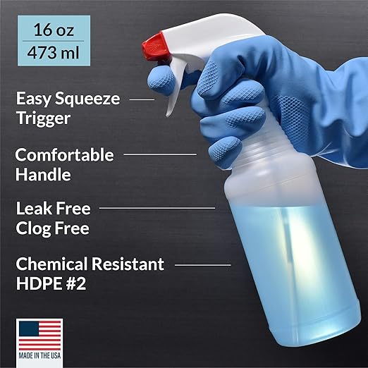Pinnacle Mercantile Plastic Spray Bottles USA Made 4 Pack 16 oz Leak Proof Empty Refillable Mist/Stream for Cleaning Solutions, Plants, Hair, Bleach, Vinegar, Alcohol Safe