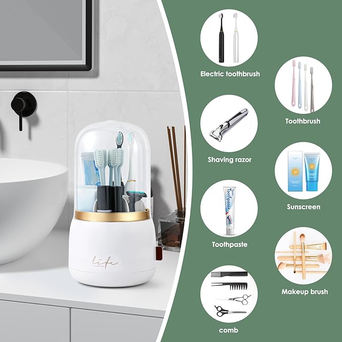 Toothbrush Holders for Bathrooms,Rotating 5-Slot with Cover and Draining Water,Kids Electric Toothbrush Holder and Toothpaste Stand Storage for Bathroom Accessories Counter Organizer Vanity