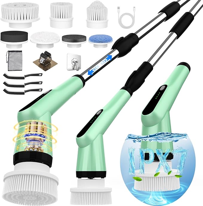 Electric Spin Scrubber, Dreazu IPX7 Bathroom Scrubber with 7 Replaceable Brush Heads & Retractable Handle, 2-Speed Adjustable Spin Scrubber for Bathroom, Bathtub, Kitchen, Tile Floors（Green）