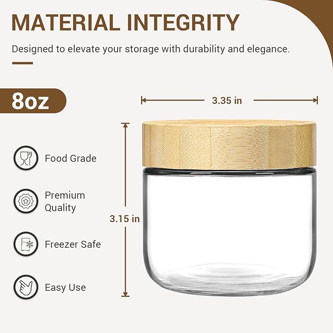 NETANY 4-pack 8oz Glass jars with Airtight Lids, Overnight Oats Containers with Bamboo Lids, Wide mouth Mason Salad jars, Glass Food Storage Containers for Snacks Yogurt Spice Sugar