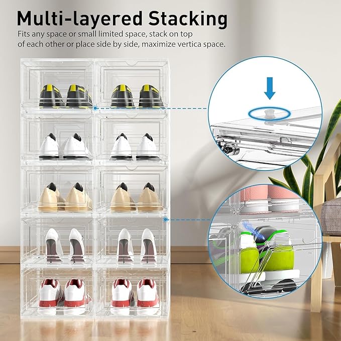 JWQ 10 Pack Extra XX Large Hard Plastic Clear Stackable Shoe Storage Box Organizer for Closet, Thicken Sturdy Sneaker Shoe Rack Display Case Containers Bins with Lids and Magnetic Door, Clear