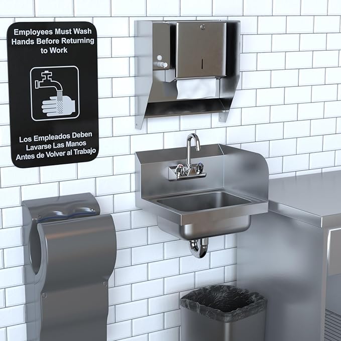 AmGood Stainless Steel Wall Mount Hand Sink with Faucet and Right Sidesplash 17" x 15" | NSF Commercial Hand Washing Basin For Restaurant, Kitchen and Home | Bowl Size: 10" x 14"
