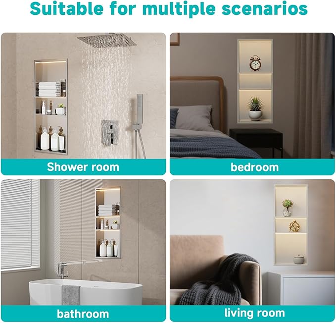 TSIBOMU Stainless Steel LED Lights Shower Niche 12" x 30" – Recessed Wall Niche with 3-Tier Storage, Waterproof & Rustproof Modern Bathroom Shower Shelf (Brushed)