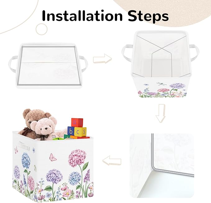 Clastyle Flowers Storage Cube Organizer Set Handle Closet Clothes Cube with Metal Frame Foldable Parents Organizer Storage Basket for Book Toy,Purple Hydrangea,11.8x11.8x11.8 in
