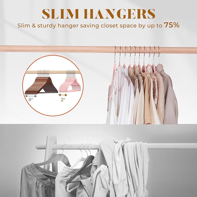 HOUSE DAY Velvet Hangers 20 Pack, Non-Slip Hangers with Tie Bar, Premium Standard Clothes Hangers Slim Felt Hanger 360° Swivel Hook for Closet Organized Storage Elegance Pink 72g/Pc