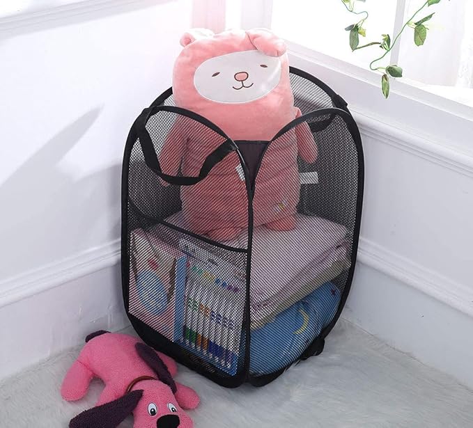 Mesh Pop up Laundry Hamper with Portable Handles, Collapsible Laundry Basket for Storage, Folding Pop-Up Clothes Hampers for Home, College Dorm or Travel, Black