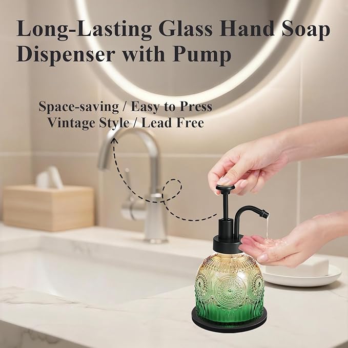 Amolliar 8 Oz Vintage Glass Bathroom Soap Dispensers with Pump, 2 Pack Refillable Kitchen Dish Soap Dispenser with Stripe, Antique Rustic Hand Soap Liquid Bottle (Green Gradient-Black Pump)