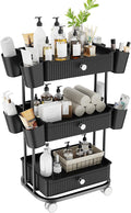 3 Tier Drawer Shelf Beauty Cart with 12 Movable Storage Organizer, Thickened Durable ABS, 360° Wheels for Salon Station for Hair Stylist, Beauty Salon, Spa Massage Parlor, Makeup Organizer - Black