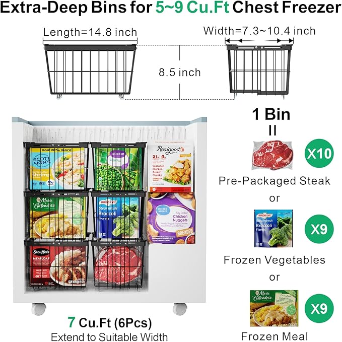 iSPECLE Freezer Organizer Bins - 4 Pack Adjustable Width for 5 to 7 Cu.Ft Chest Freezers, Stackable Freezer Wire Storage Baskets for Deep Freezer Organization, Assembly Required, Black