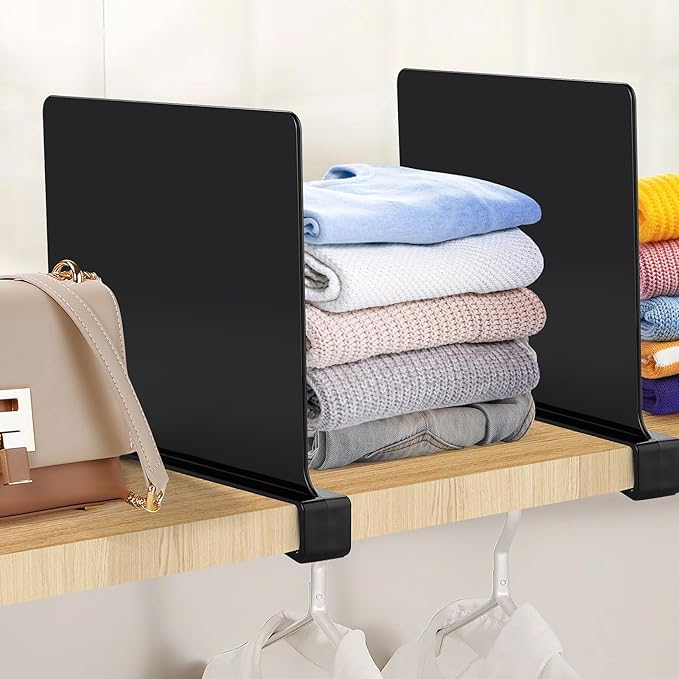 JOY DECOR 2 Pack Acrylic Matte Black Shelf Dividers for Closets Organizer and Storage Adjustable Vertical Wood Shelf Closet Separators for Clothes,Book,Bags in Bedroom and Kitchen
