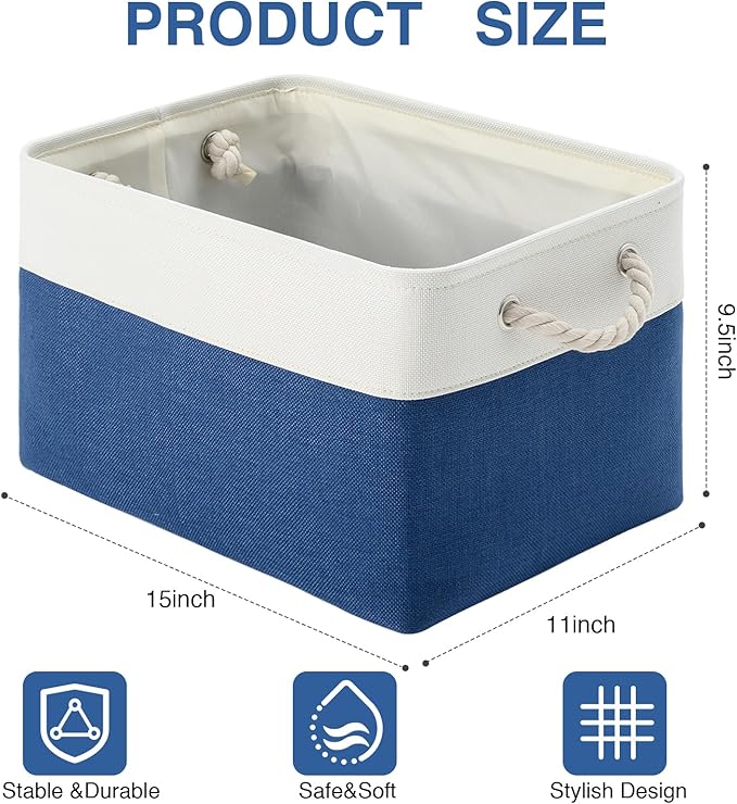DUHEL Storage Bins 3 Pack, Fabric Storage Basket for Collapsible Medium Canvas Storage Baskets for Organizing Shelf Nursery Home Closet . (White&Blue-3PCS)