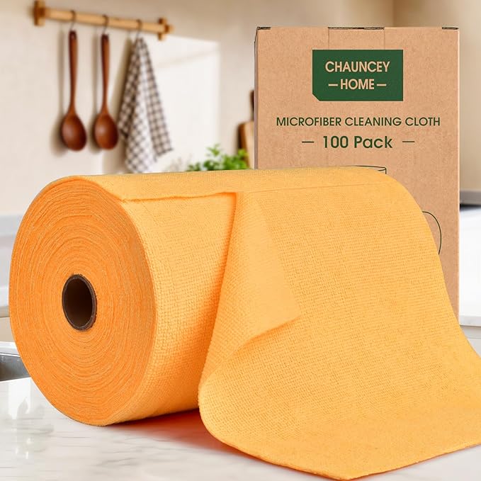 CHAUNCEY HOME Microfiber Cleaning Cloth Roll–100 Pack, Tear Away Microfiber Towels, Reusable, Washable, Scratch-Free, Kitchen Towels for Car, Home, Kitchen, Glass, Dishes(Tangerine Yellow)