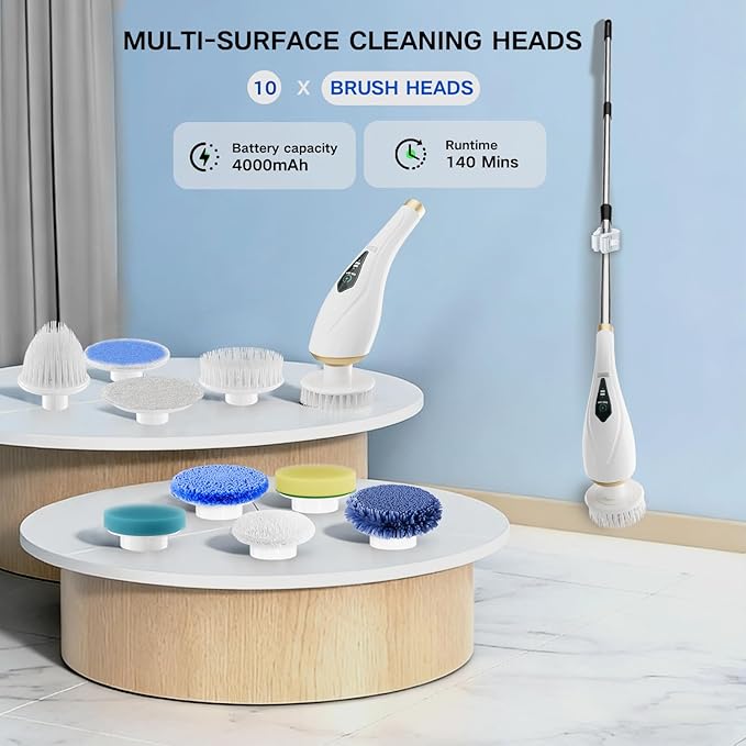 Hofenta Electric Spin Scrubber with 10 Replaceable Brush Heads, Extendable Handle Up to 59", 2 Speed Modes, Waterproof, Cordless Cleaning Brush, 2H Cleaning Time,Perfect for Home, Bathroom,Kitchen