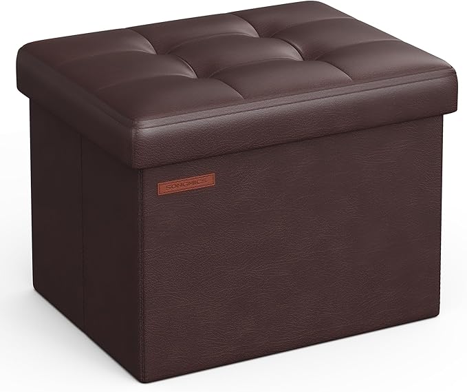 SONGMICS Small Folding Storage Ottoman, Foot Rest Stool, Cube Footrest, Synthetic Leather, 12.2 x 16.1 x 12.2 Inches, 286 lb Capacity, for Living Room, Bedroom, Dorm, Chestnut Brown ULSF100K02