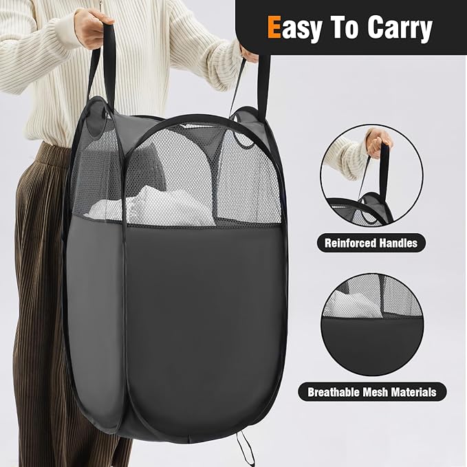 TECHMILLY Pop Up Foldable Laundry Basket, Mesh Laundry Hamper with Reinforced Handles for Dirty Clothes Storage in Dorm, Laundry Room, Bathroom, Black(Fabric)