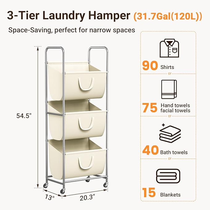ELYKEN 120L Vertical Rolling Laundry Hamper with Removable Bags, 3 Section Laundry Baskets with Wheels, Space-Saving 3 Tier Laundry Sorter for Small Spaces, Dorm, Bedroom, Bathroom, Laundry Room