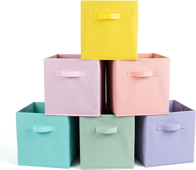 Fabric Storage Bins 6 Pack 13 inch Foldable Storage Cubes with Handles Fun Colored Durable Cube Storage Bin for Home, Playroom, Closet Organizers and Storage Green, Cyan, Purple, Yellow, Pink, Peach