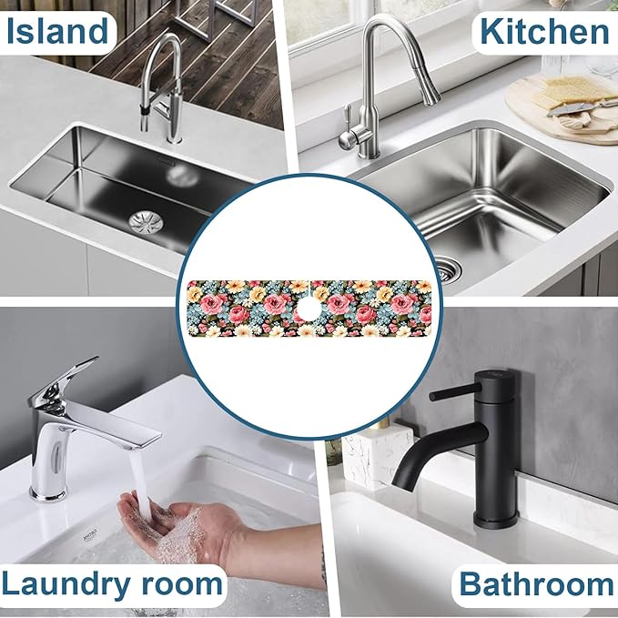 Colorful Flowers Sink Faucet Absorbing Mat Vintage Floral Super Absorbent Fast Drying Mat Sink Gadgets Behind Faucet Sinkmat for Kitchen Bathroom, 23.5"x5.5"