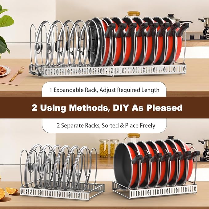 Housolution 2 Pack Pot and Pan Organizer Rack, 12"-23" Expandable Pot Lid Organizer with 14 Adjustable Dividers, Pan Holder Storage Rack for Kitchen Cabinet, Silver